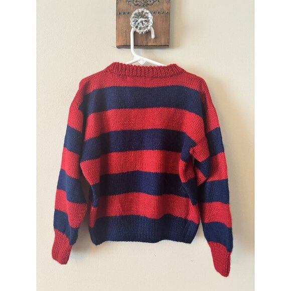 Vintage Boys Handmade Hand Knit Striped Sweater Red Blue - Picture 3 of 4